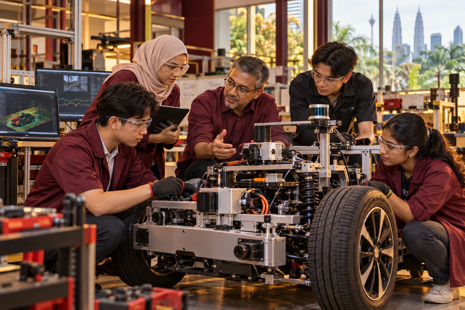 Editorial illustration of academia in a Malaysian automotive context