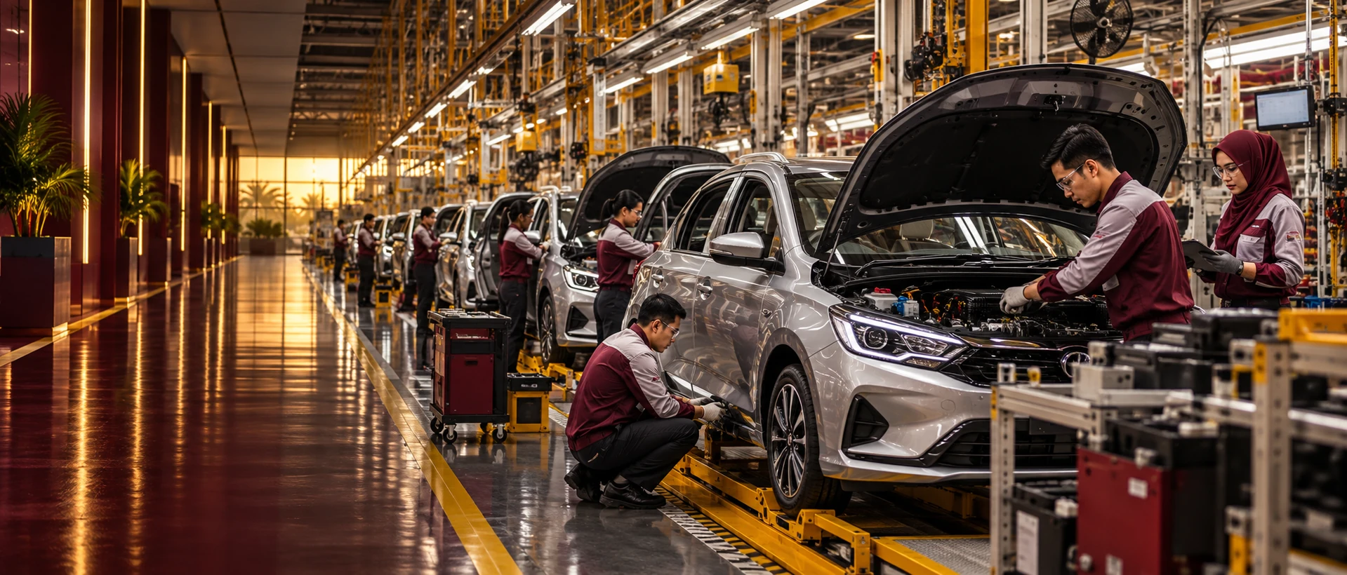 Editorial illustration of assembly hero in a Malaysian automotive context