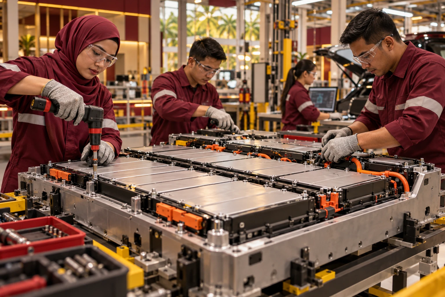 Editorial illustration of battery pack in a Malaysian automotive context