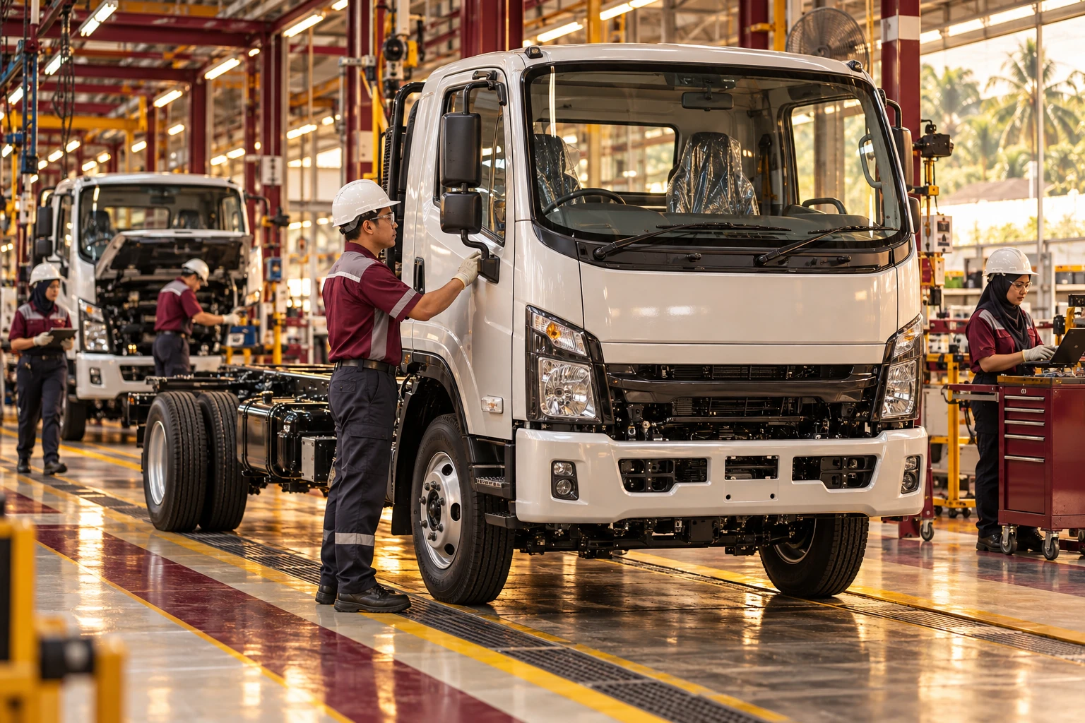 Editorial illustration of commercial vehicles in a Malaysian automotive context