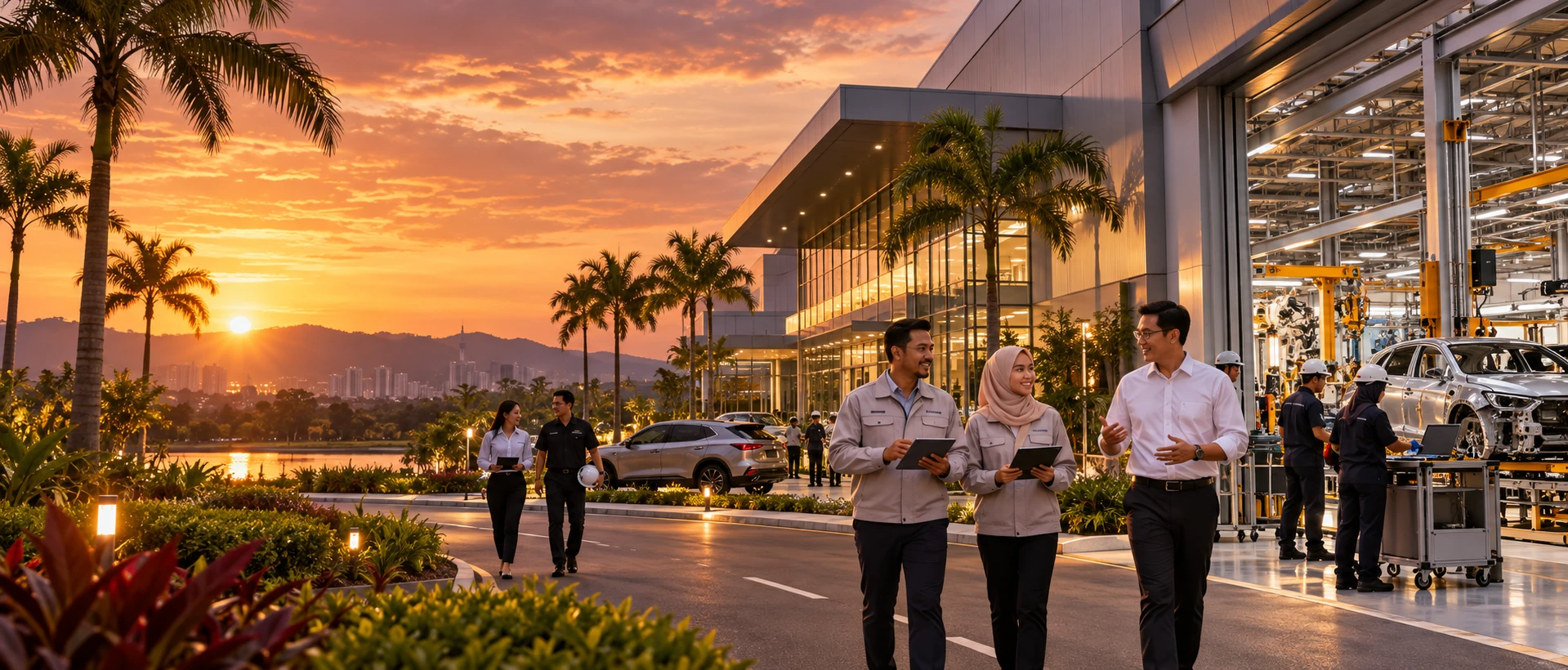 Editorial illustration of manufacturing banner in a Malaysian automotive context