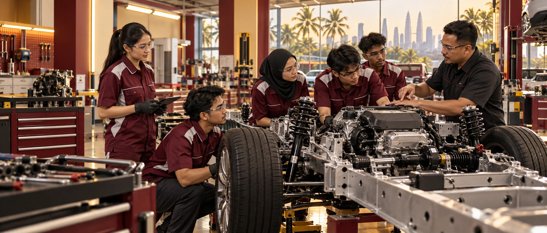 Editorial illustration of skills banner in a Malaysian automotive context