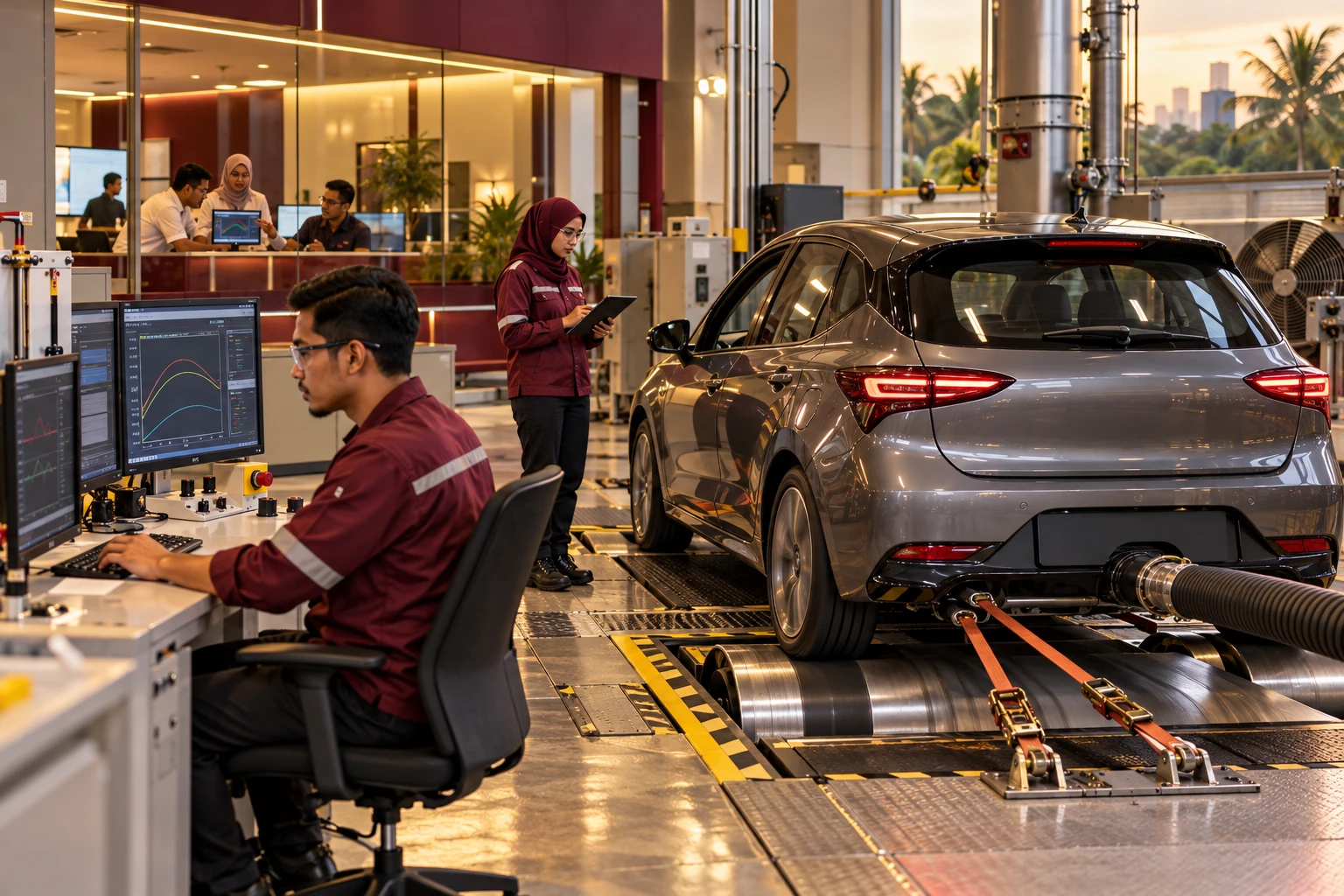Editorial illustration of testing in a Malaysian automotive context