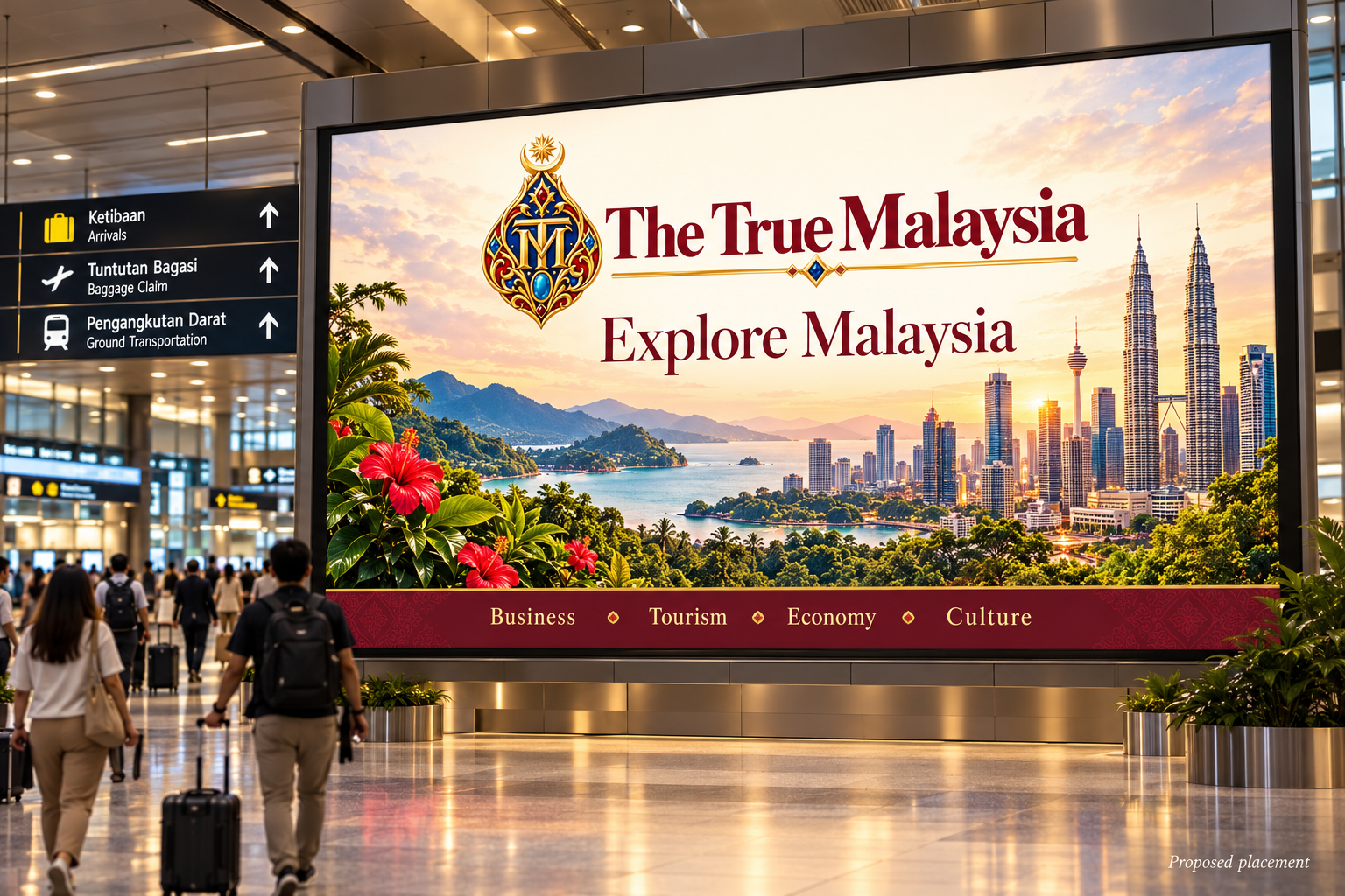 Proposed welcome panel in an airport arrivals hall.