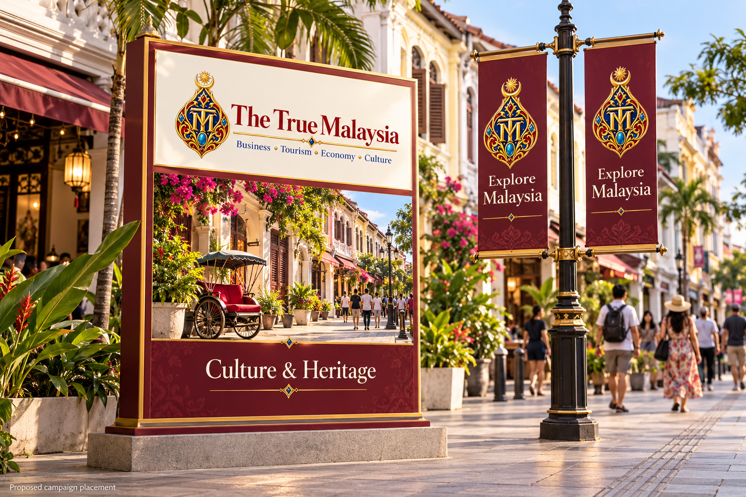 Proposed street banners along a heritage shophouse street.