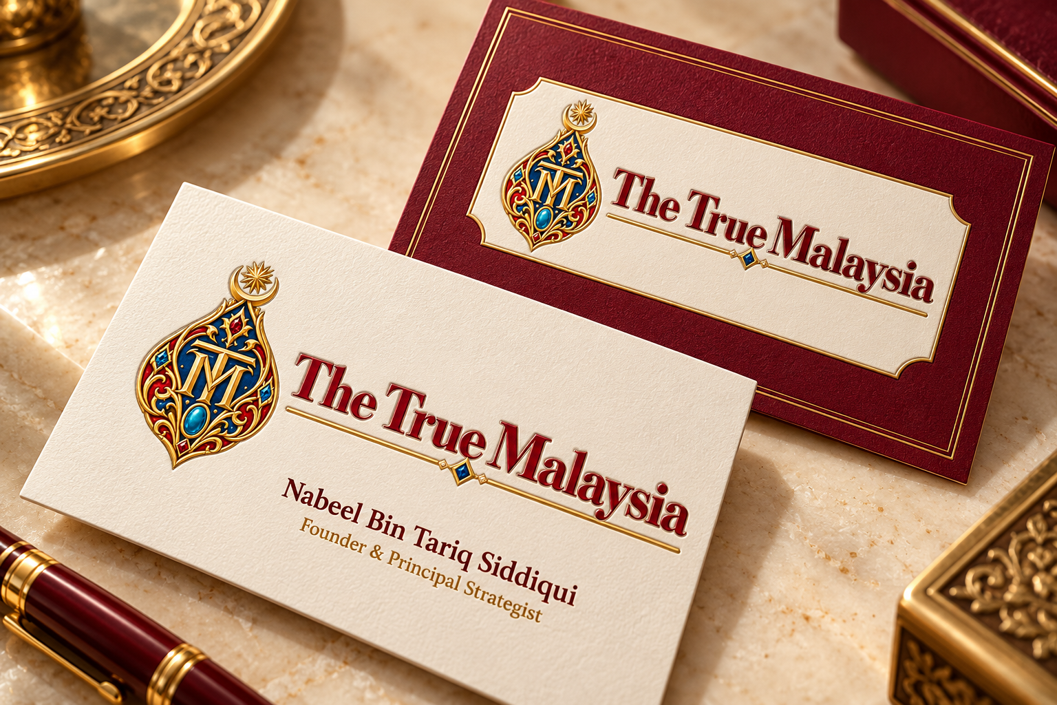 Proposed executive visiting cards laid out on a dark surface.