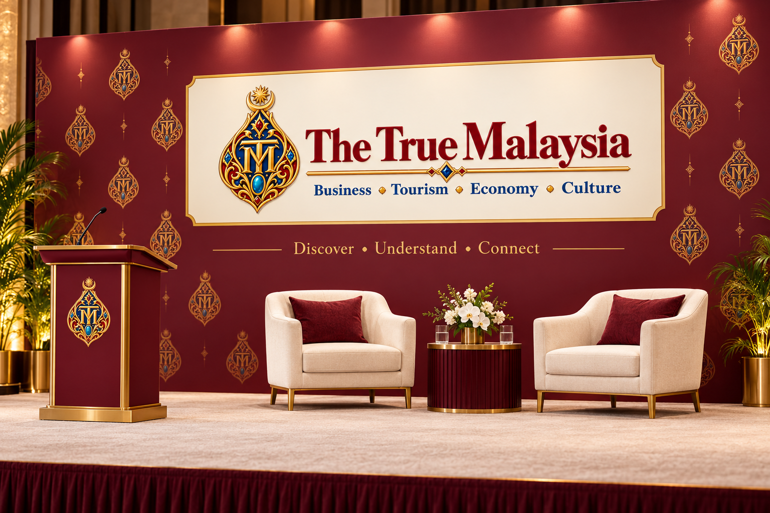 Proposed media backdrop with repeating brand marks.
