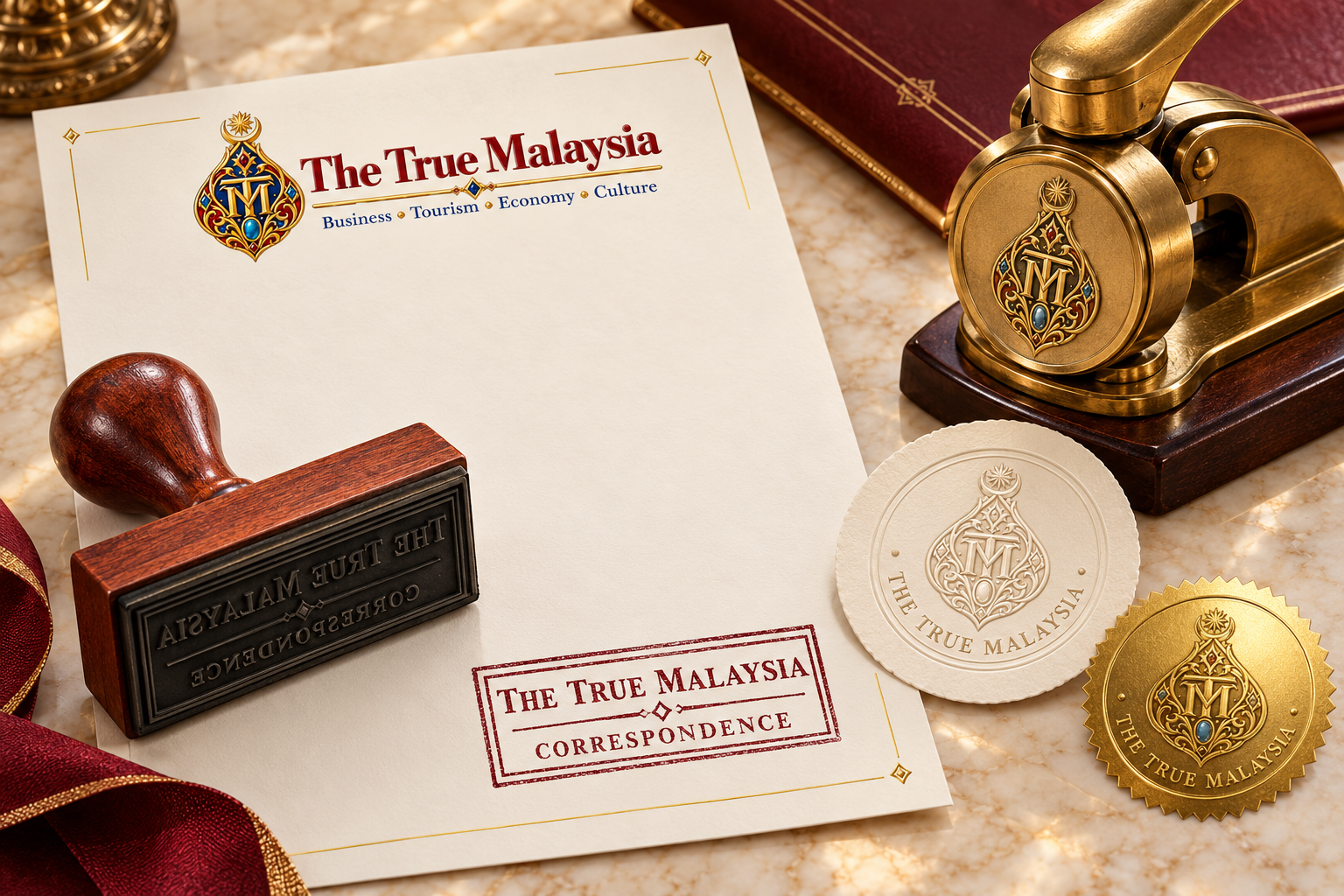 Proposed rubber stamp and embossed seal shown on a letter.