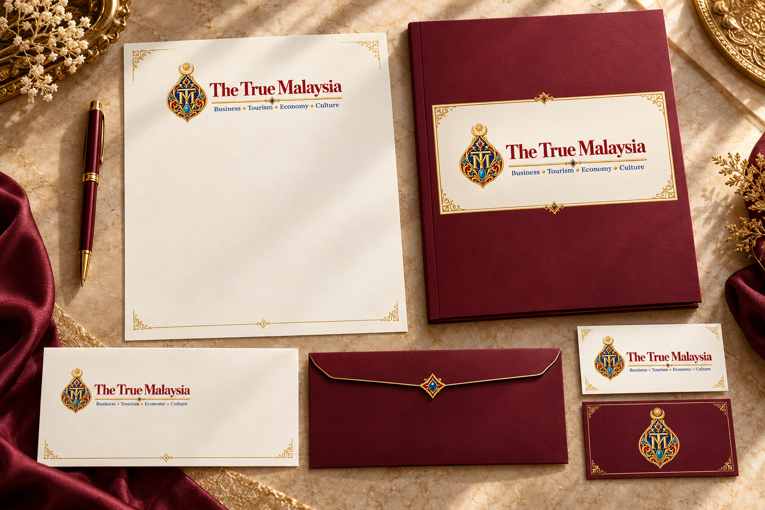 Proposed letterhead, envelope and compliment slip arranged together.