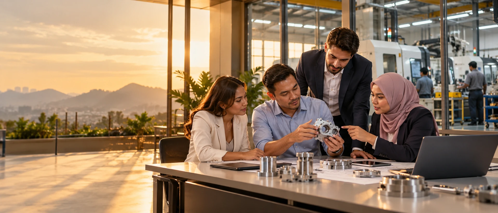 Business team discussing precision components beside a manufacturing facility.