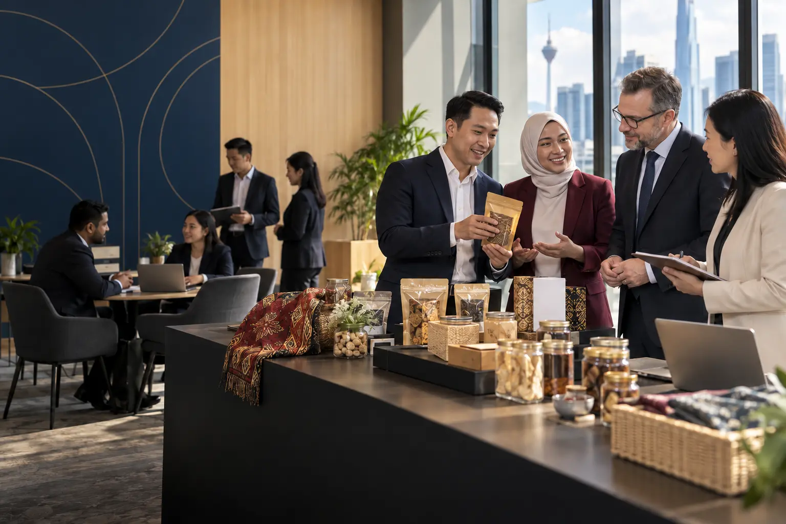 Business advisers helping an enterprise team review product samples.