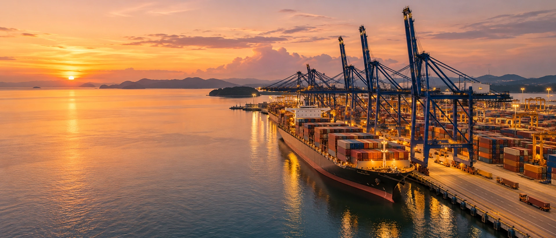 Container port and freight activity in warm sunset light.