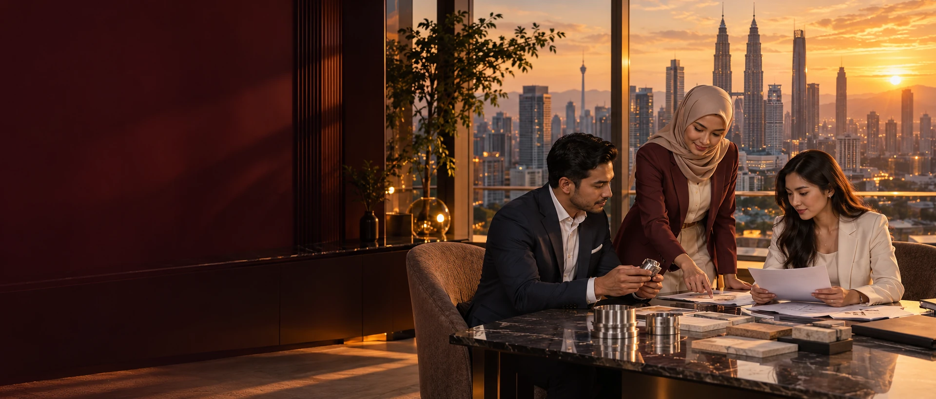 Business team examining machined metal components and stone material samples at a meeting table, with the Kuala Lumpur skyline at sunset.