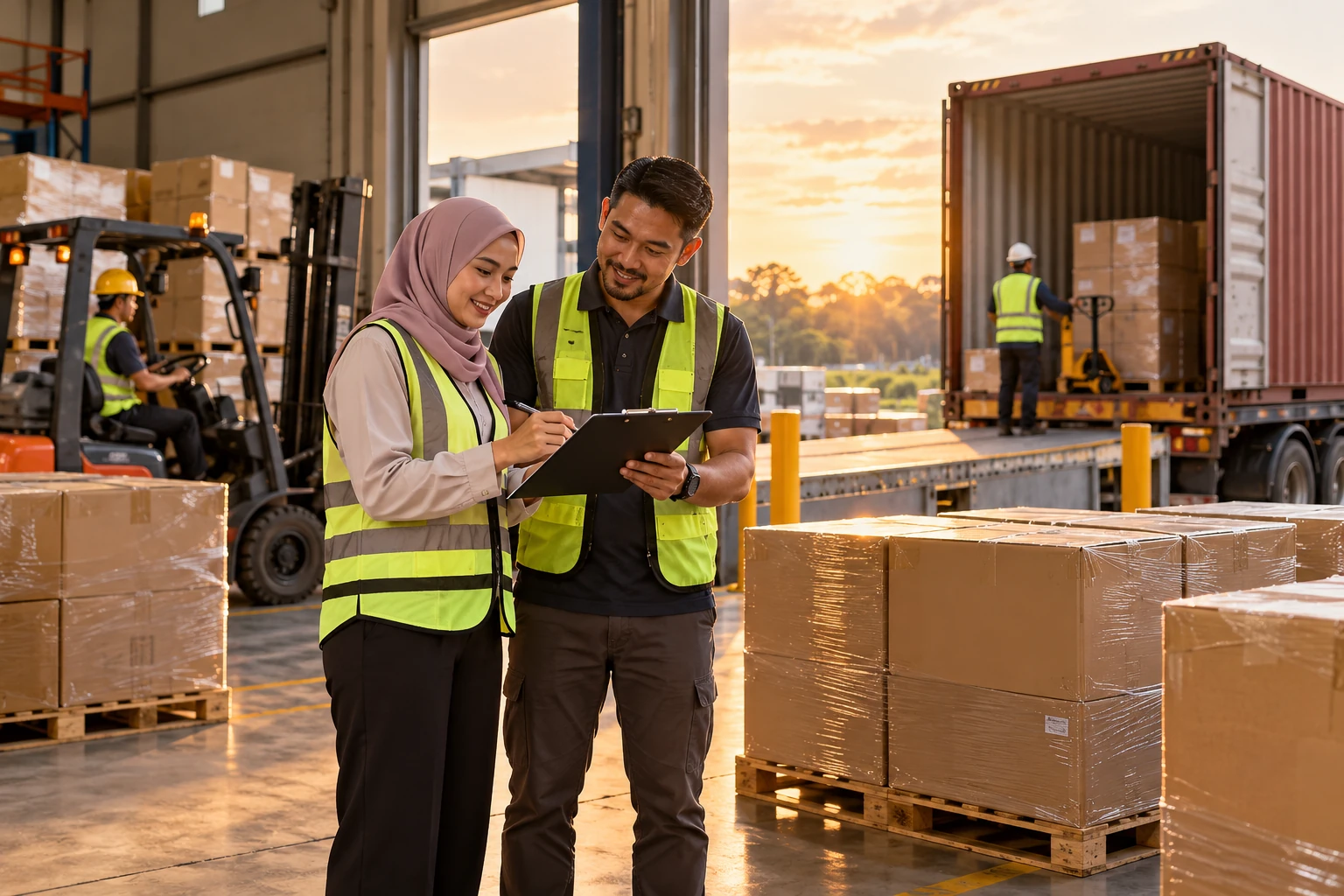 Warehouse team checking a shipment before loading a freight container.