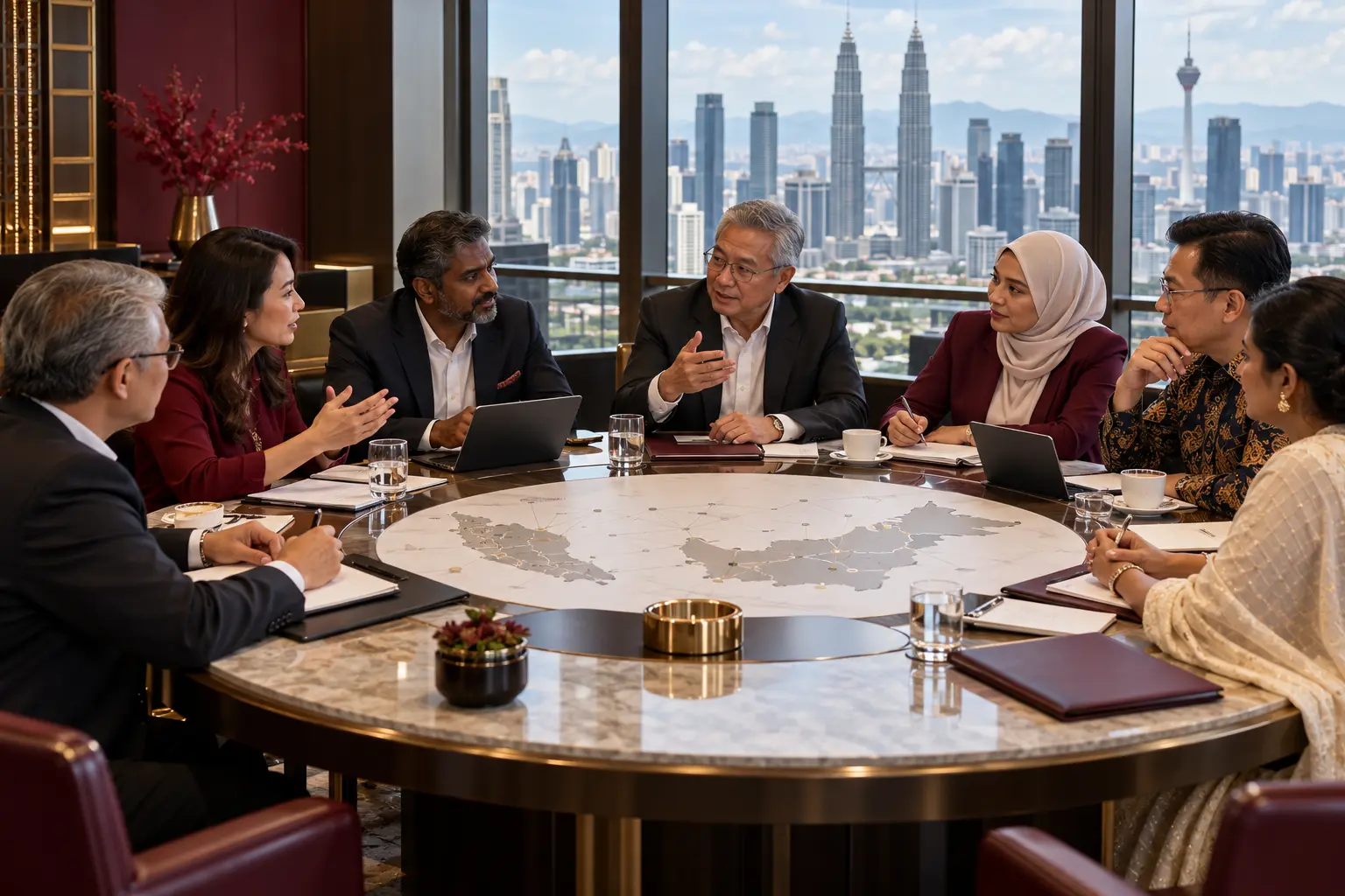 Representatives of Malaysian chambers and industry federations meeting around a shared network table