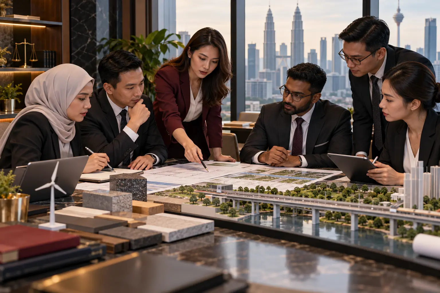 Malaysian legal, accounting, engineering and technical specialists reviewing a project together