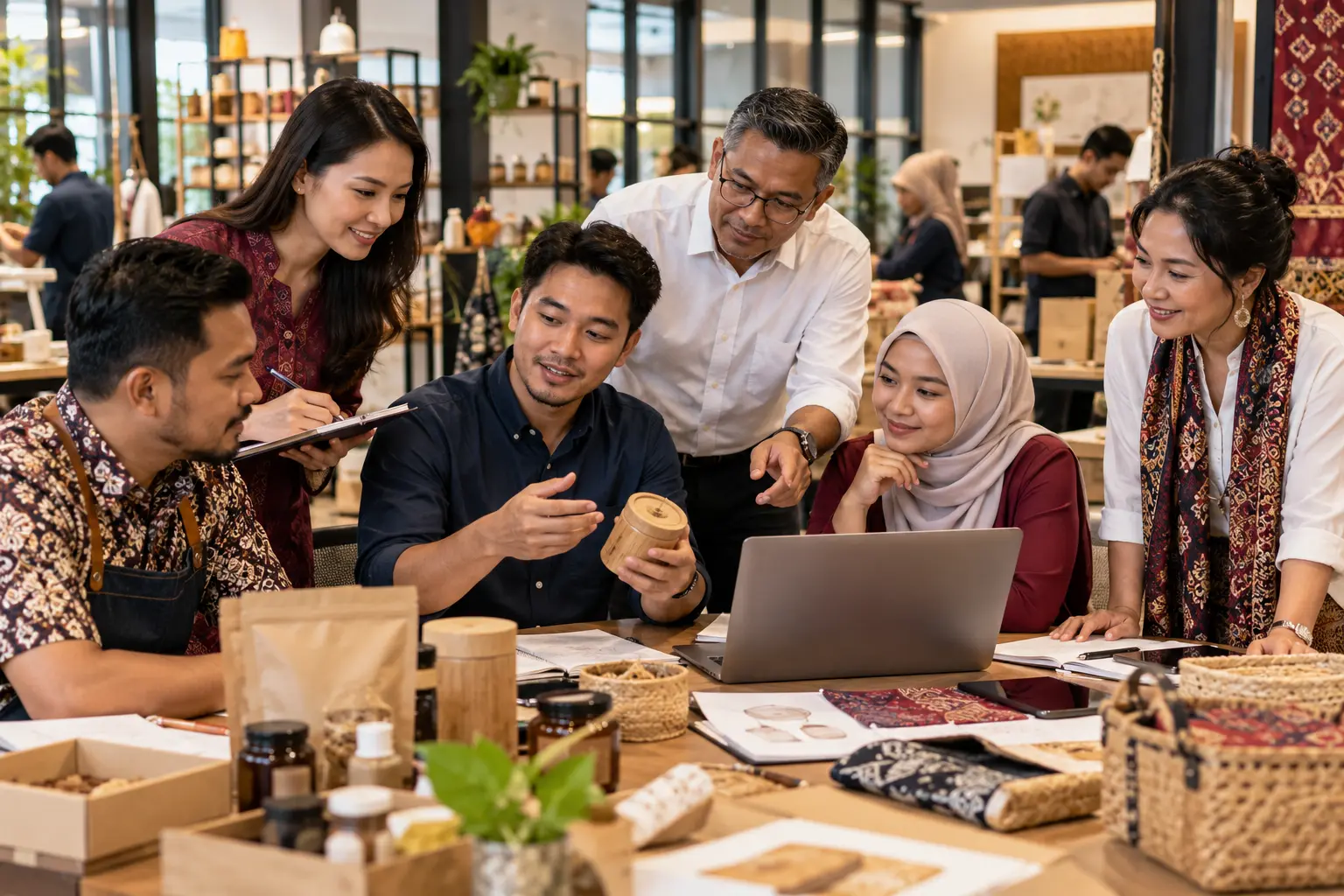 Malaysian founders and mentors reviewing products and business-growth plans in an enterprise hub