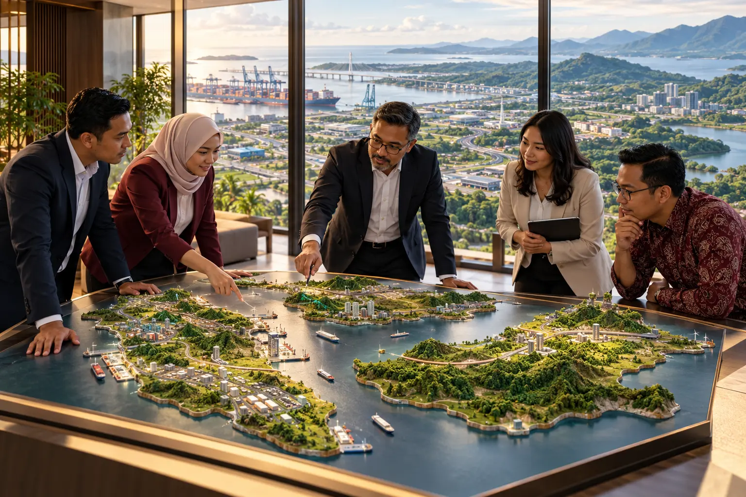 Regional-development professionals examining a conceptual three-dimensional terrain model of a coastal industrial and logistics area