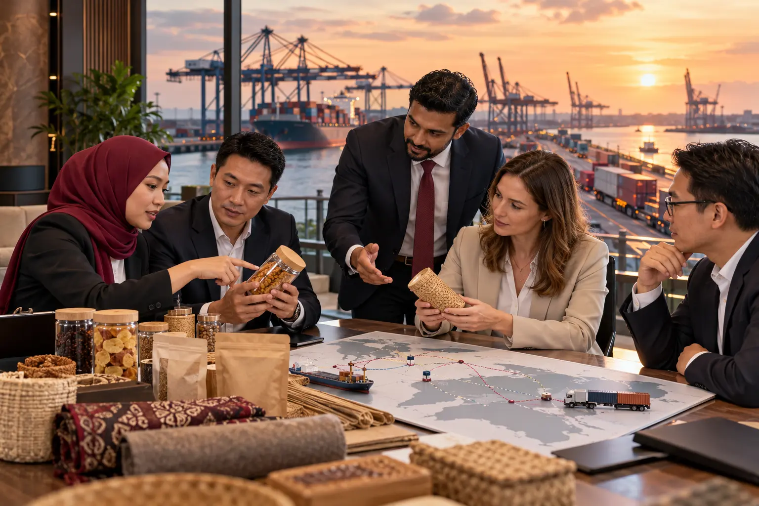 Malaysian exporters and international buyers reviewing products and supply routes beside a port