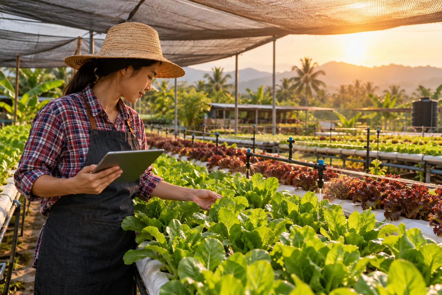 Grower monitoring vegetables and irrigation in a modern greenhouse.