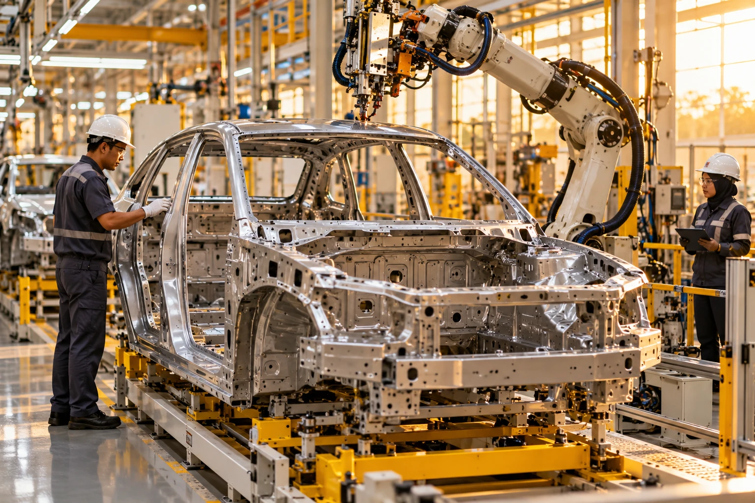 Automotive engineer inspecting a vehicle component on a production line.