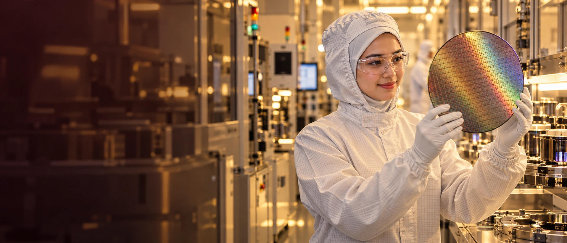 Cleanroom technician inspecting a semiconductor wafer at a production station.