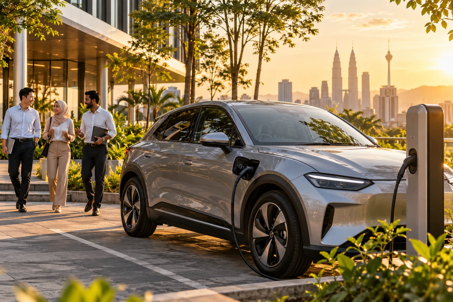 Electric vehicle connected to a charging point outside a contemporary office building.
