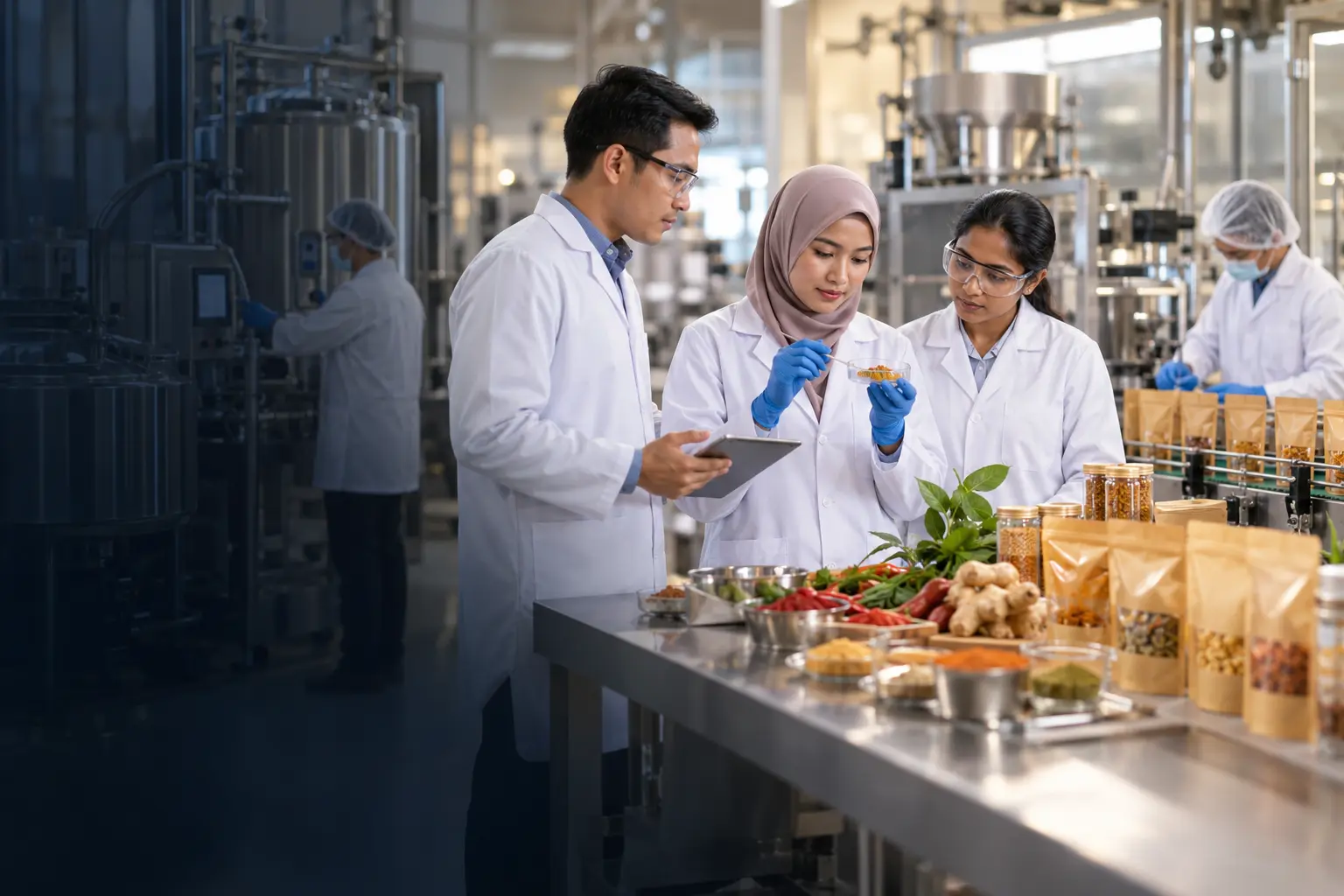 Food quality team inspecting samples in a modern processing facility.
