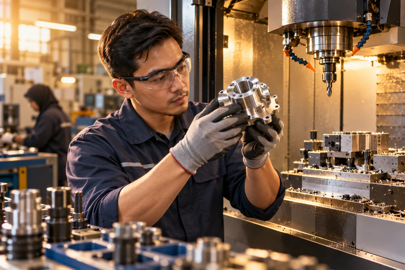 Machinist inspecting a precision metal component beside industrial equipment.