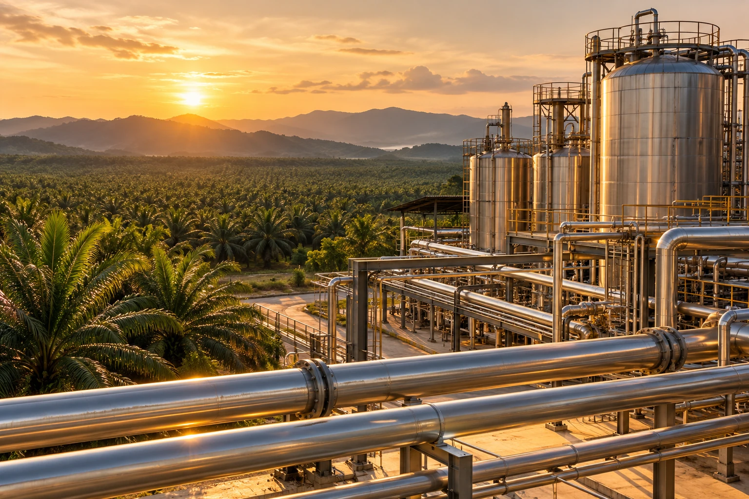 Palm-based processing plant and storage tanks beside an oil palm plantation at sunrise.