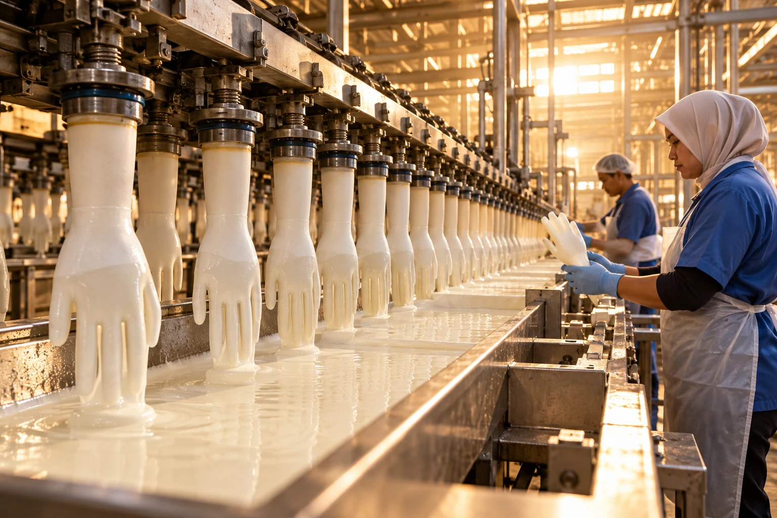 Factory technician inspecting protective gloves on a production line.