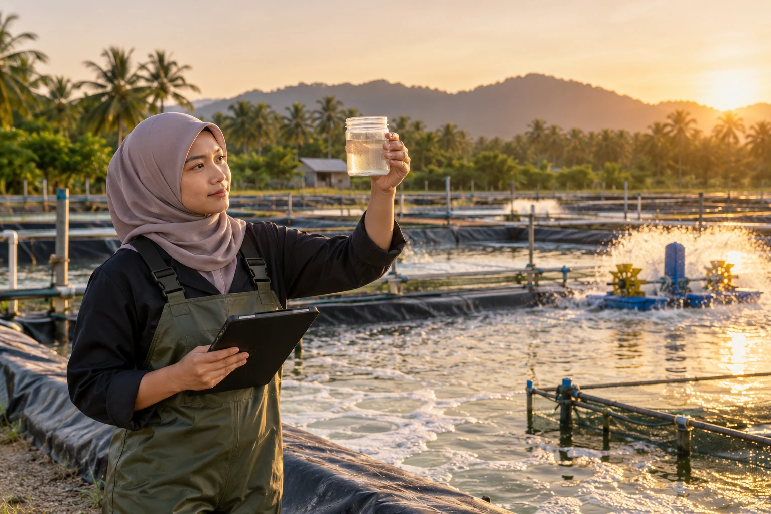 Aquaculture technician checking a water sample beside aerated production ponds.