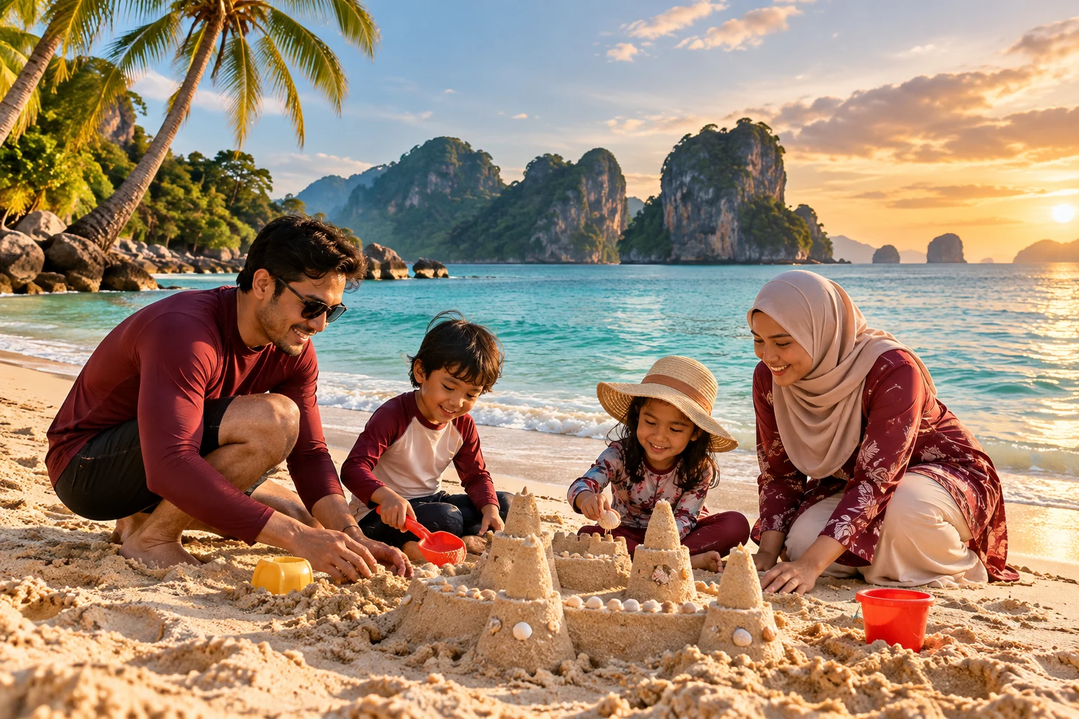 Representative parents and children building sandcastles on a tropical beach.