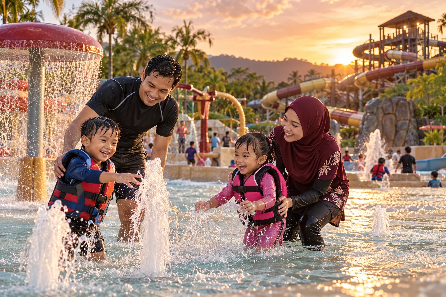 Representative adults supervising children in a shallow splash-play area.