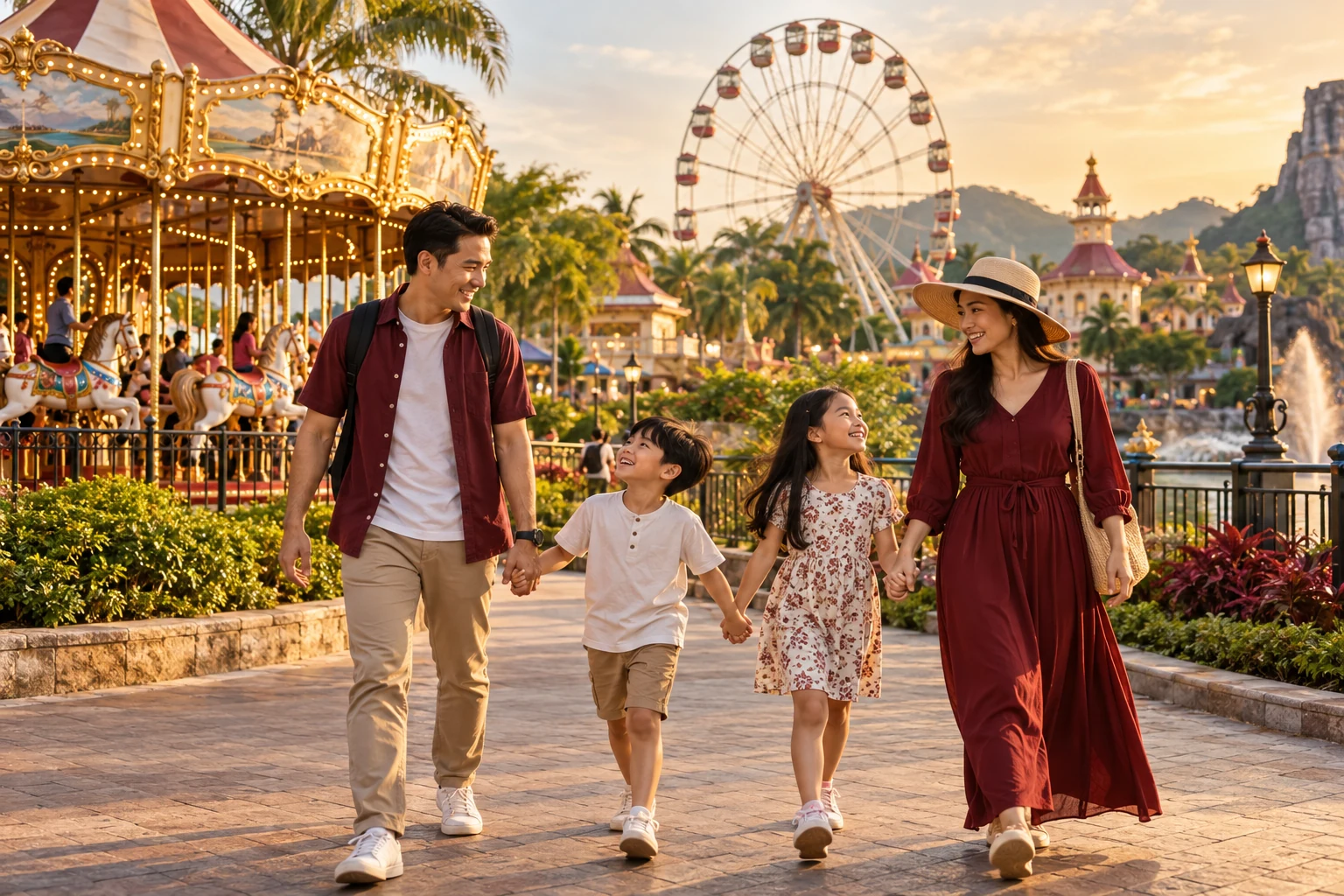 Representative family walking through a theme park with gentle rides.