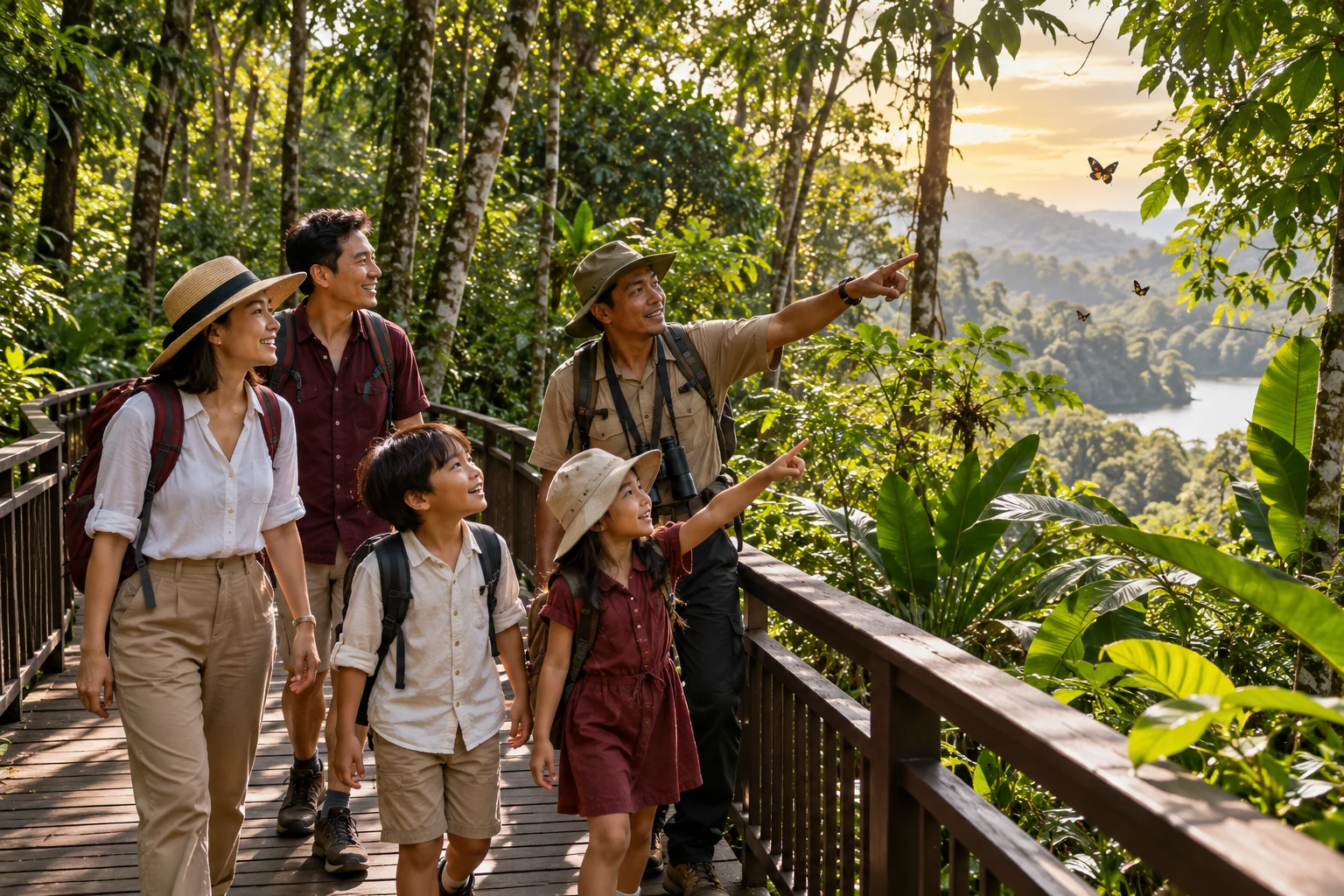 Representative family and guide exploring a shaded tropical boardwalk.