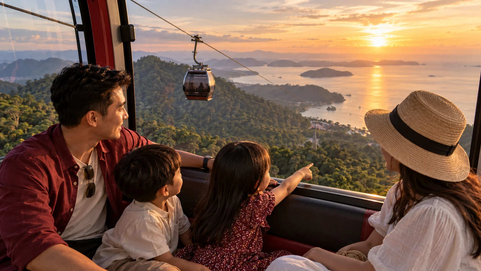 Representative family seated in an enclosed cable car over forested hills.