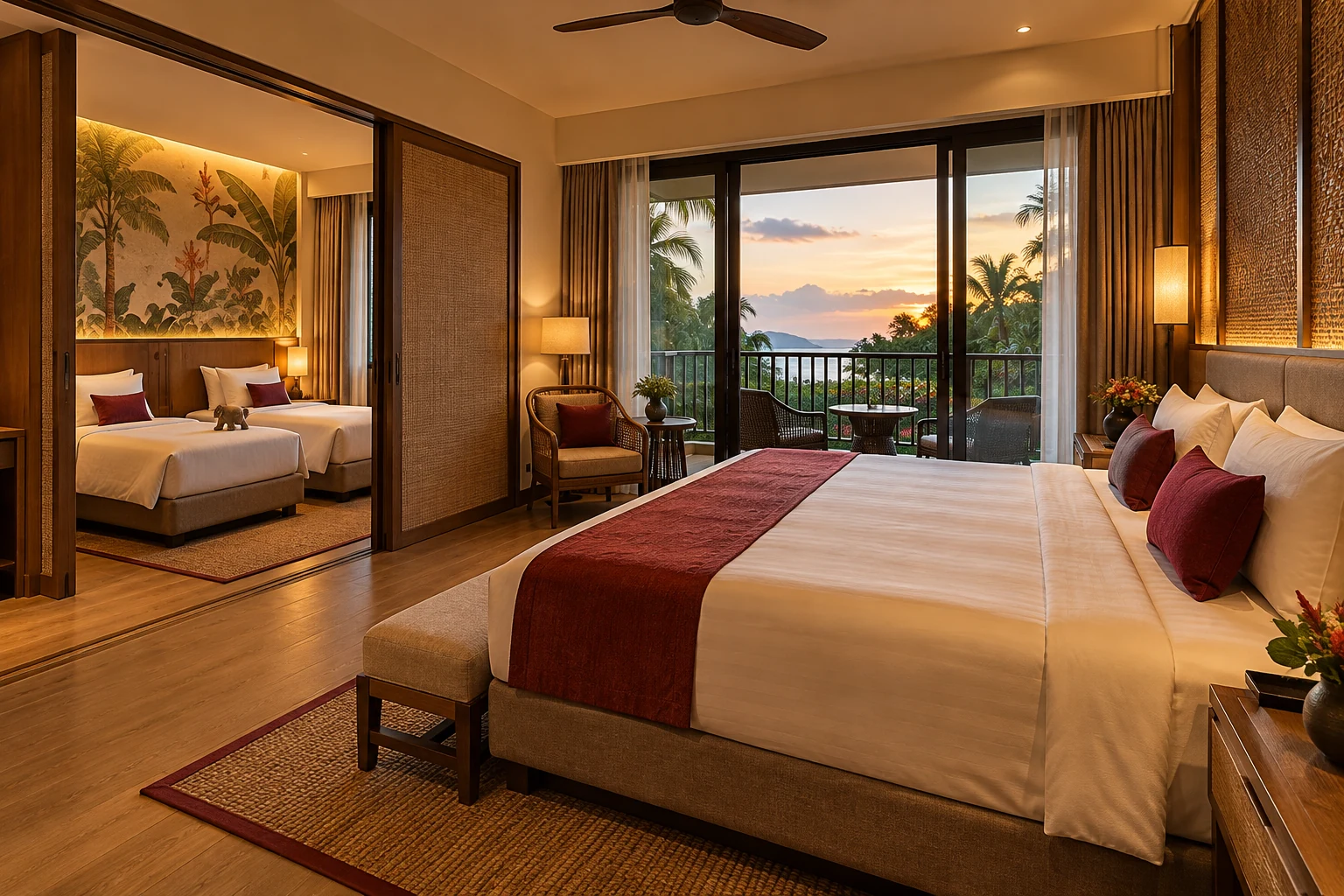 Conceptual family suite with distinct adult and twin sleeping areas.