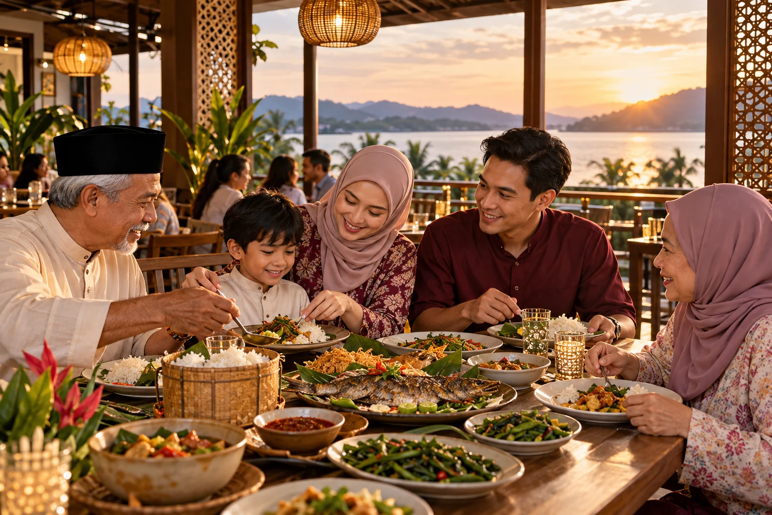 Representative multigenerational family sharing a Malaysian-style restaurant meal.