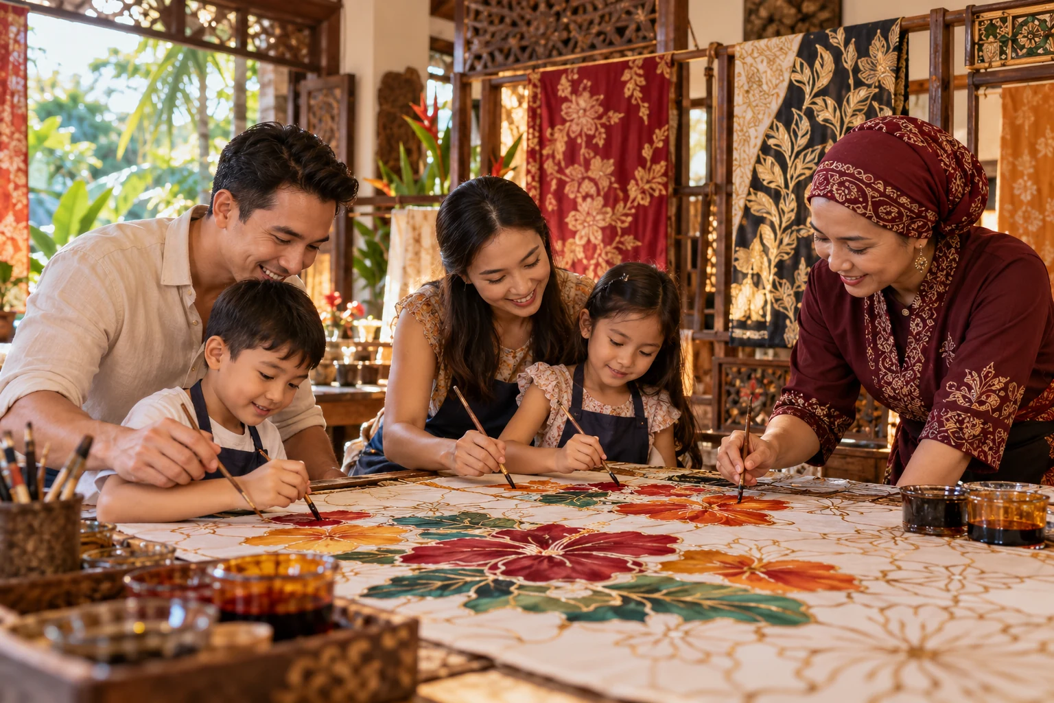 Representative children and parents taking part in a supervised fabric-painting activity.