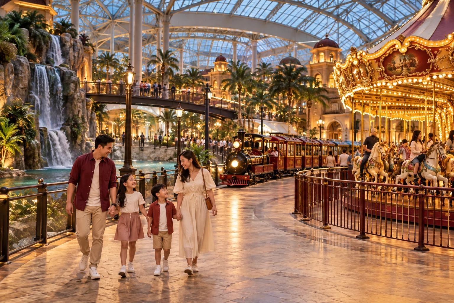 Representative family exploring an enclosed amusement park.