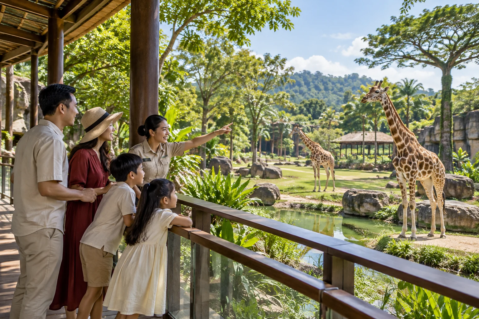 Representative family observing giraffes from a separated visitor walkway.