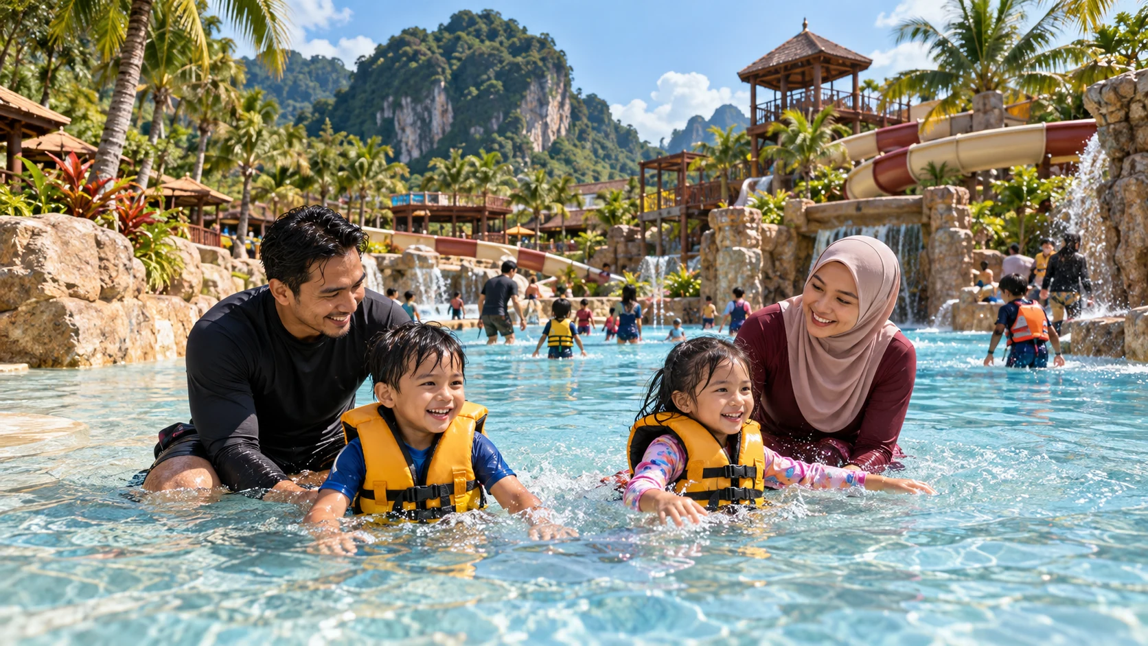 Representative parents supervising children in a shallow water-park area.