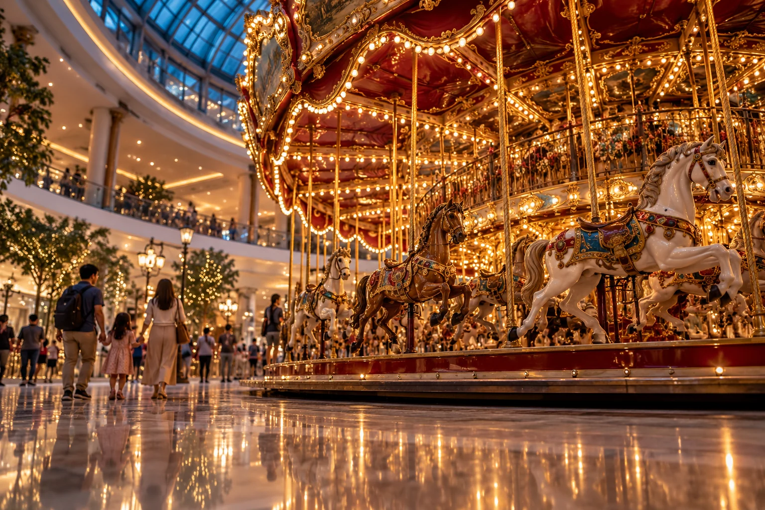 Illuminated indoor carousel in a contemporary amusement-park atrium.