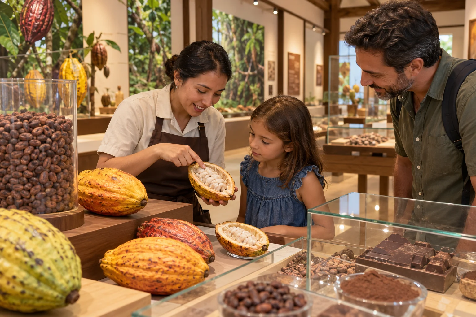 Family learning about cacao pods and chocolate in an educational gallery.