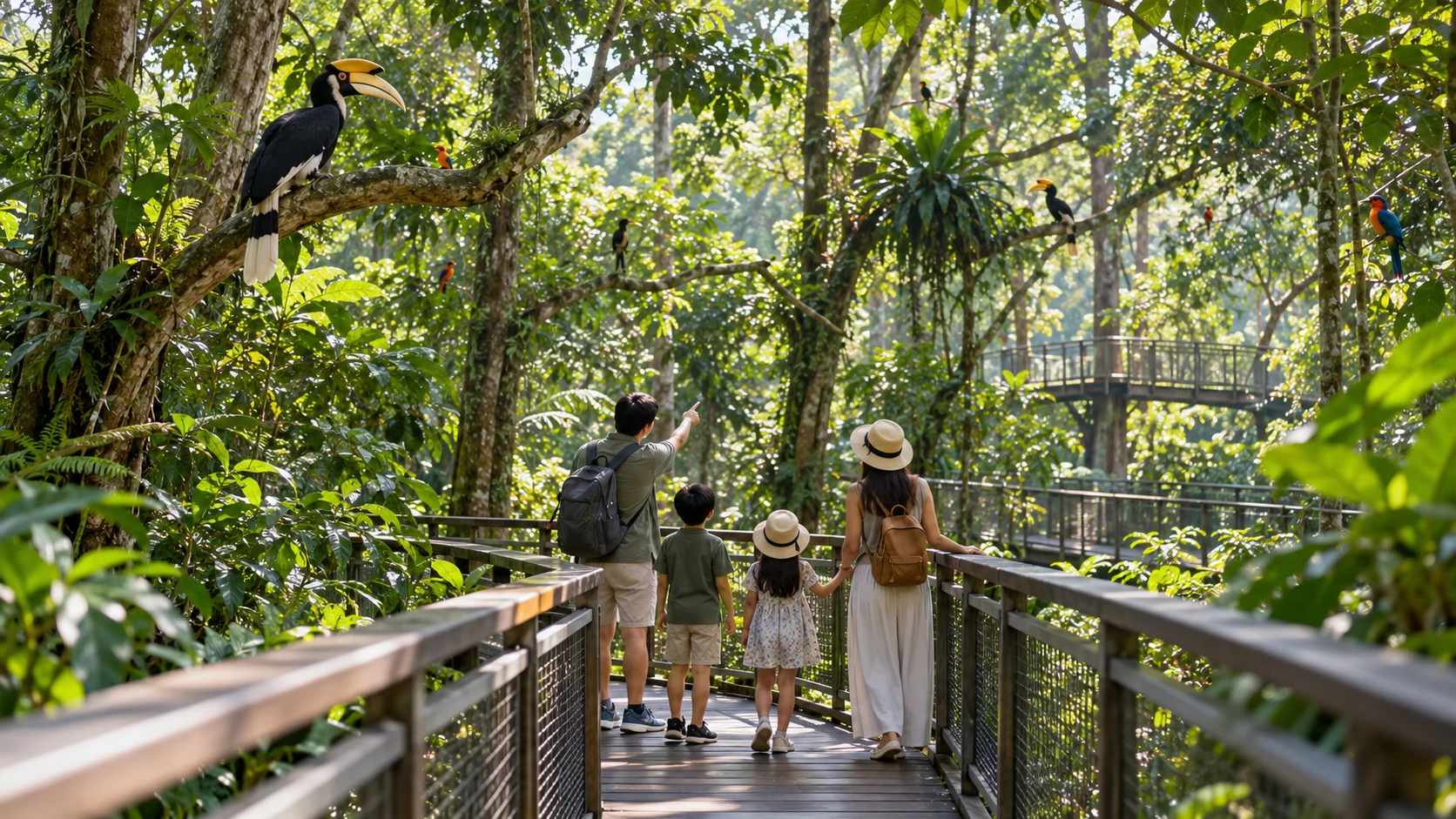 Family observing hornbills and other birds from a raised tropical aviary walkway.