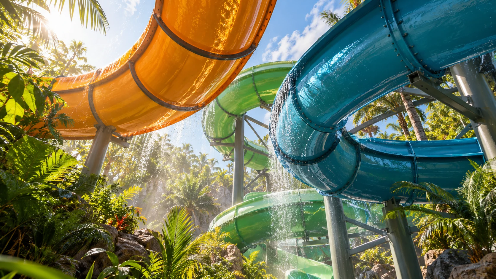 Colourful twisting water slides above lush tropical planting.