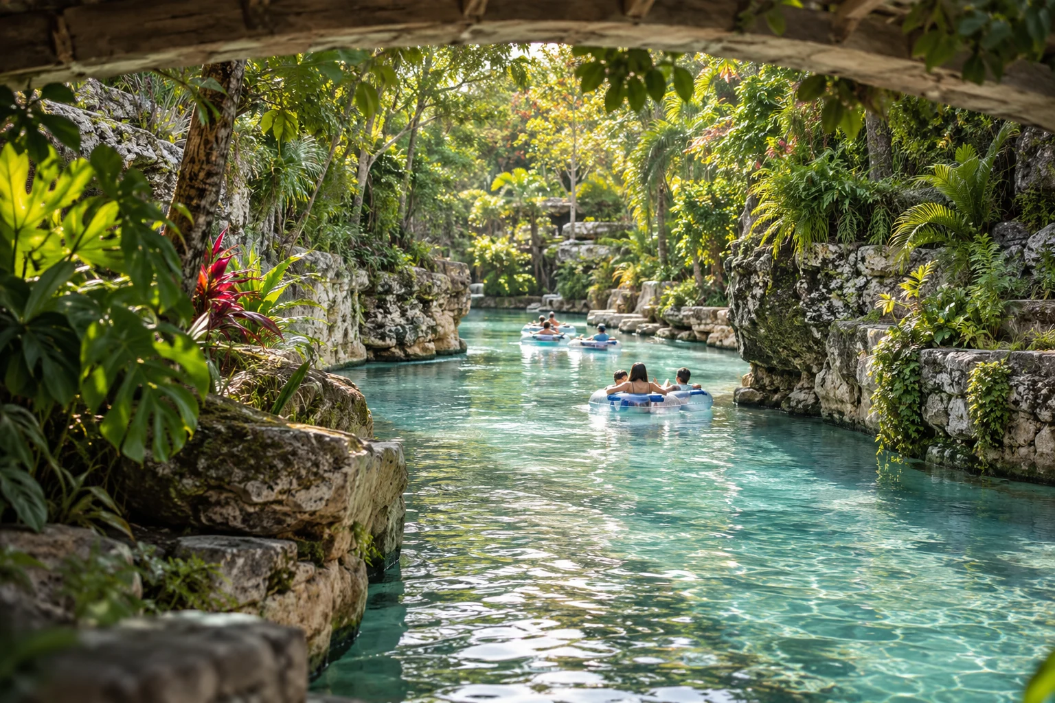 Lazy river winding through a tropical limestone garden landscape.