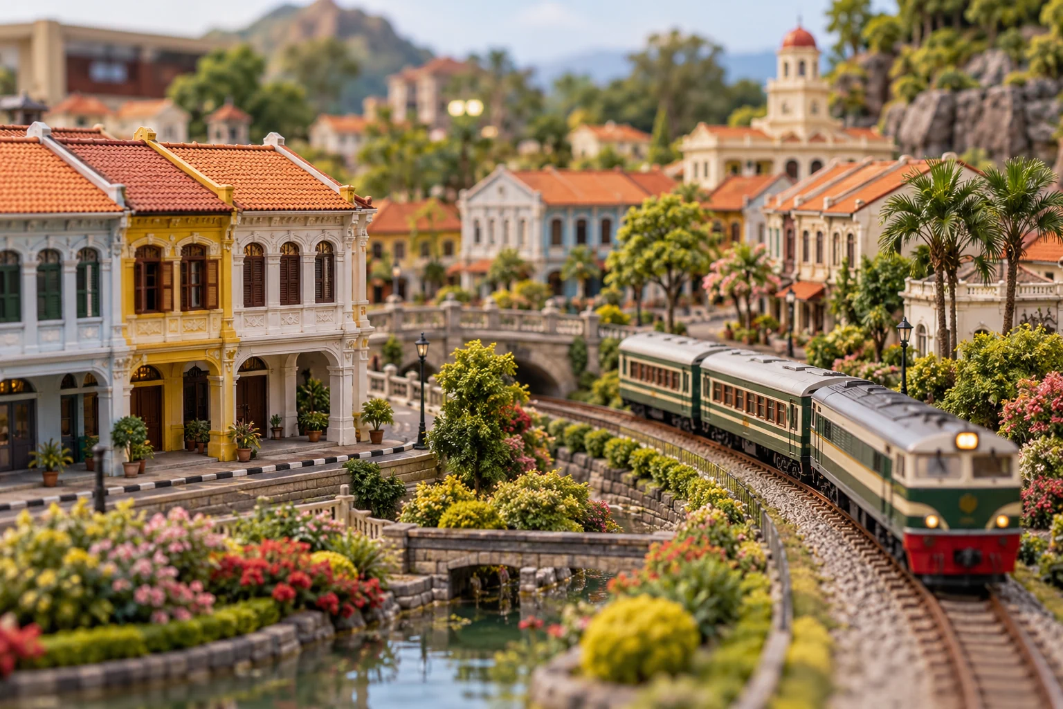 Detailed miniature city attraction with small buildings and a model train.