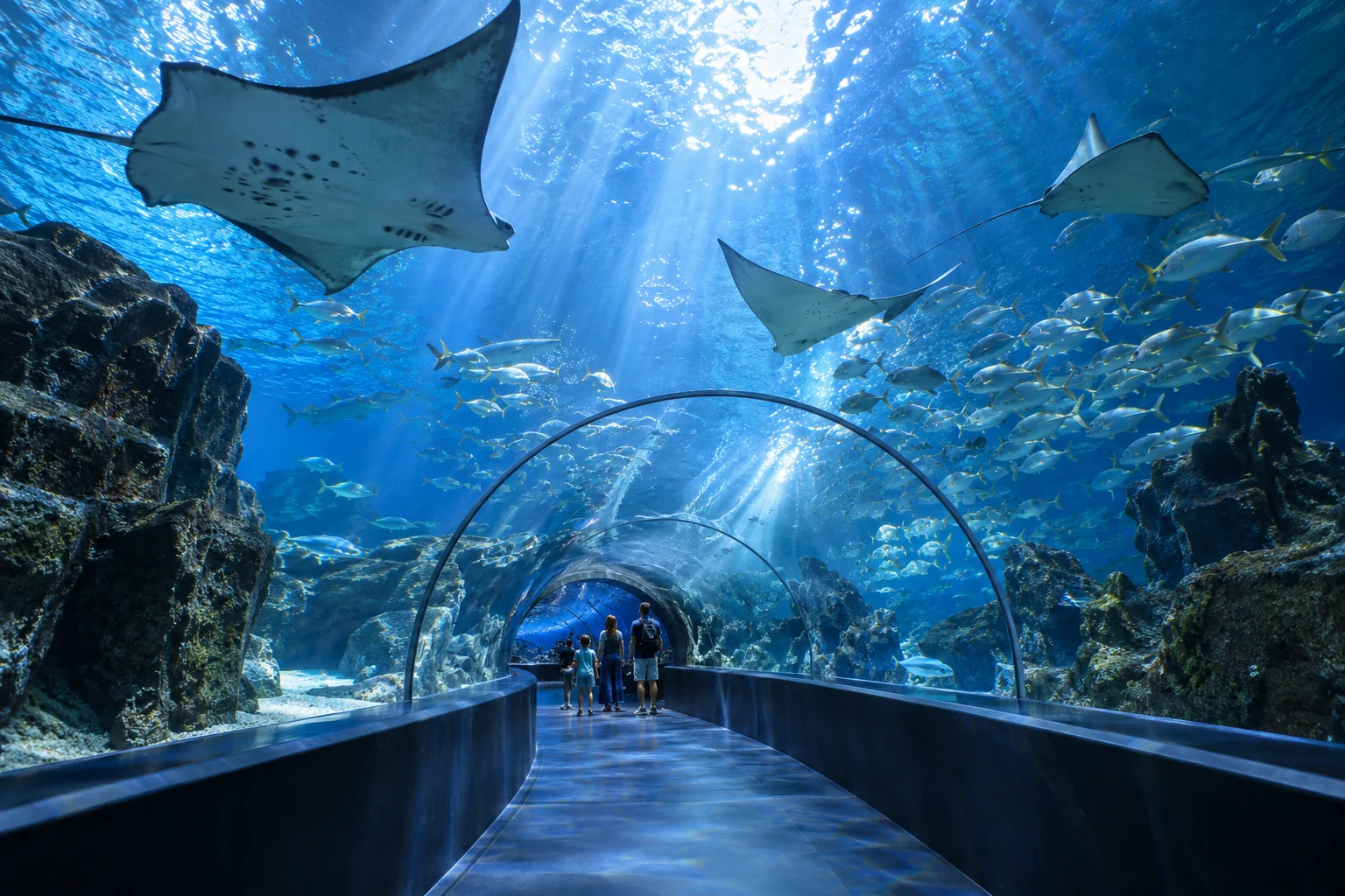 Underwater aquarium tunnel with rays and fish swimming overhead.